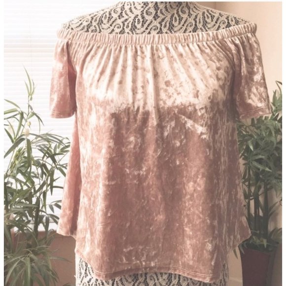 NYTT Women's Off the shoulder pink crushed velvet top Size M - Picture 1 of 4